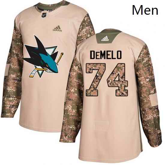 Mens Adidas San Jose Sharks 74 Dylan DeMelo Authentic Camo Veterans Day Practice NHL Jersey